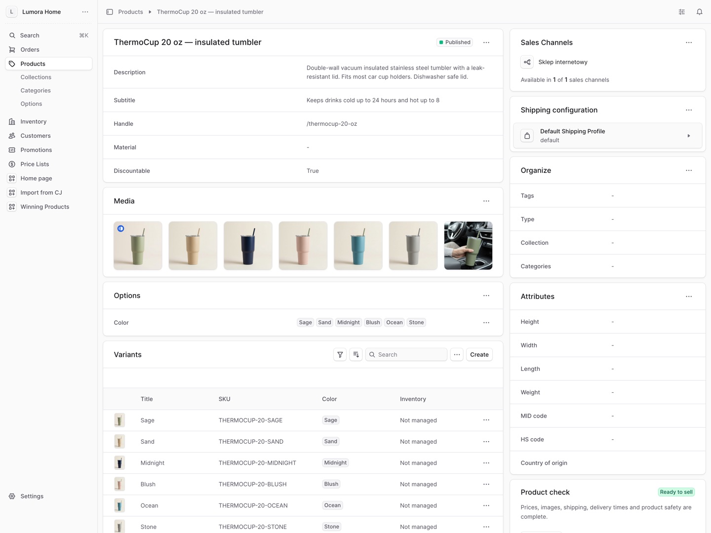 Screenshot of the real Baltly seller panel: a product page with photos, variants and the product readiness check